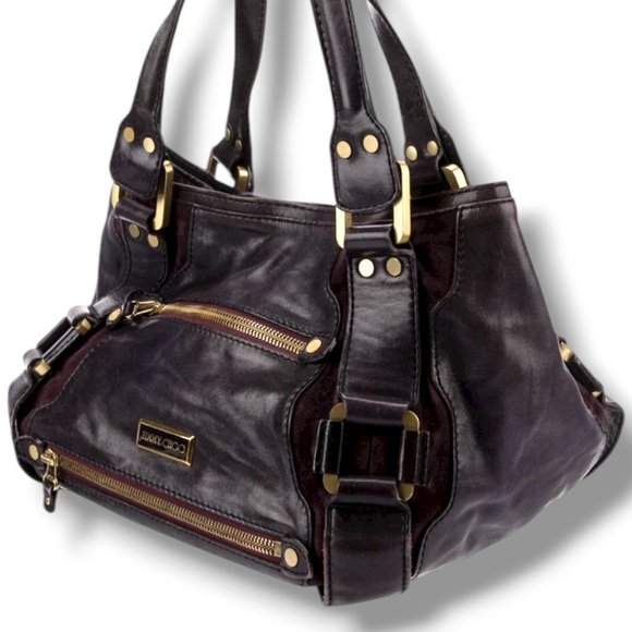 Jimmy Choo Mahala Purple Leather Suede Trim Women's Shoulder Tote Bag Aubergine